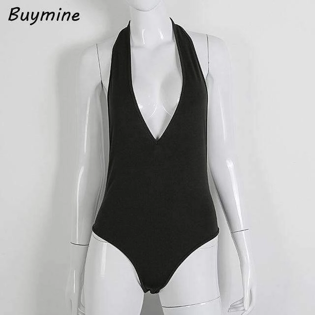 Buymine Deep V Sexy Bodysuit With Body Chain Backless Women Short Jumpsuit Sequined Halter Skinny Bodysuit Push Up Rompers Femme Silicone Grips