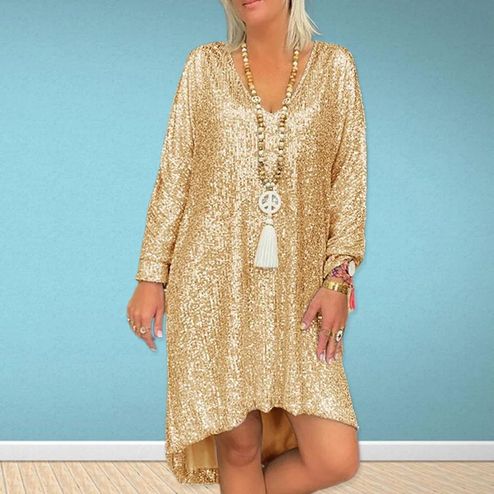 Dreamy Touch Casual Solid Color Loose Pullover Sequined Shirt V-neck Long Dress