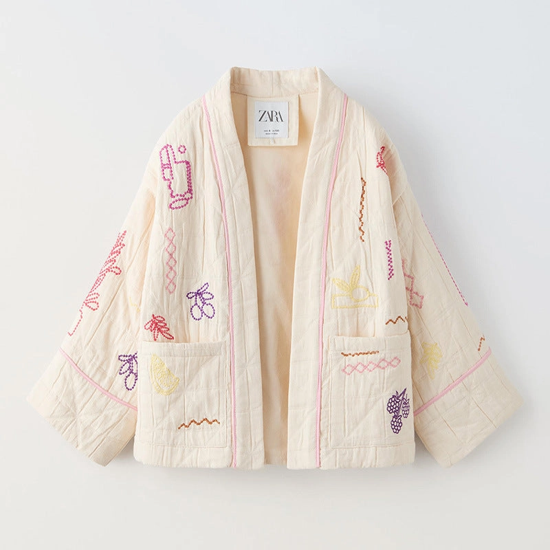 Casual All-match V-neck Fruit Embroidery Kimono Jacket Breathable Technology