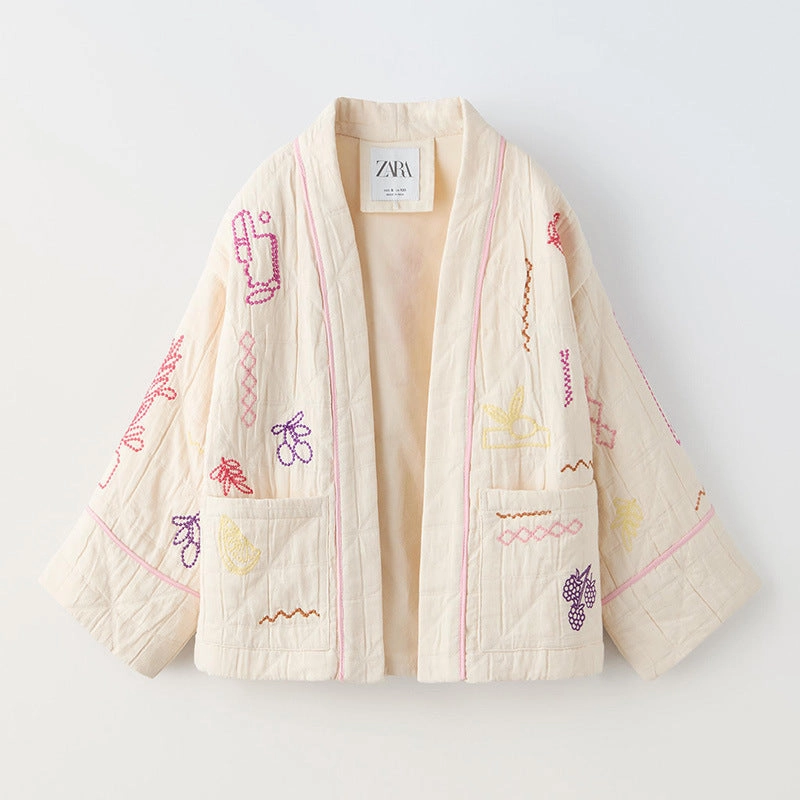Casual All-match V-neck Fruit Embroidery Kimono Jacket Windproof Material
