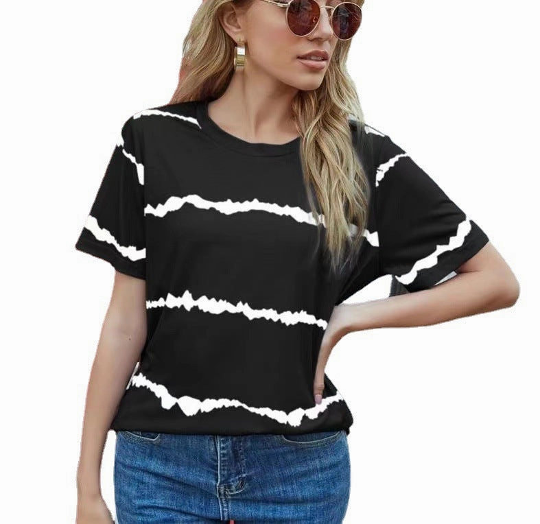 Versatile Hoodie Cold-Weather Gear Casual Fashion Striped Print Short Sleeve T-Shirt Ladies Top