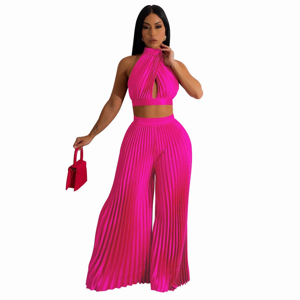Basic Running Women's Halter Silk-like Pleated Wide-leg Pants Two-piece Set