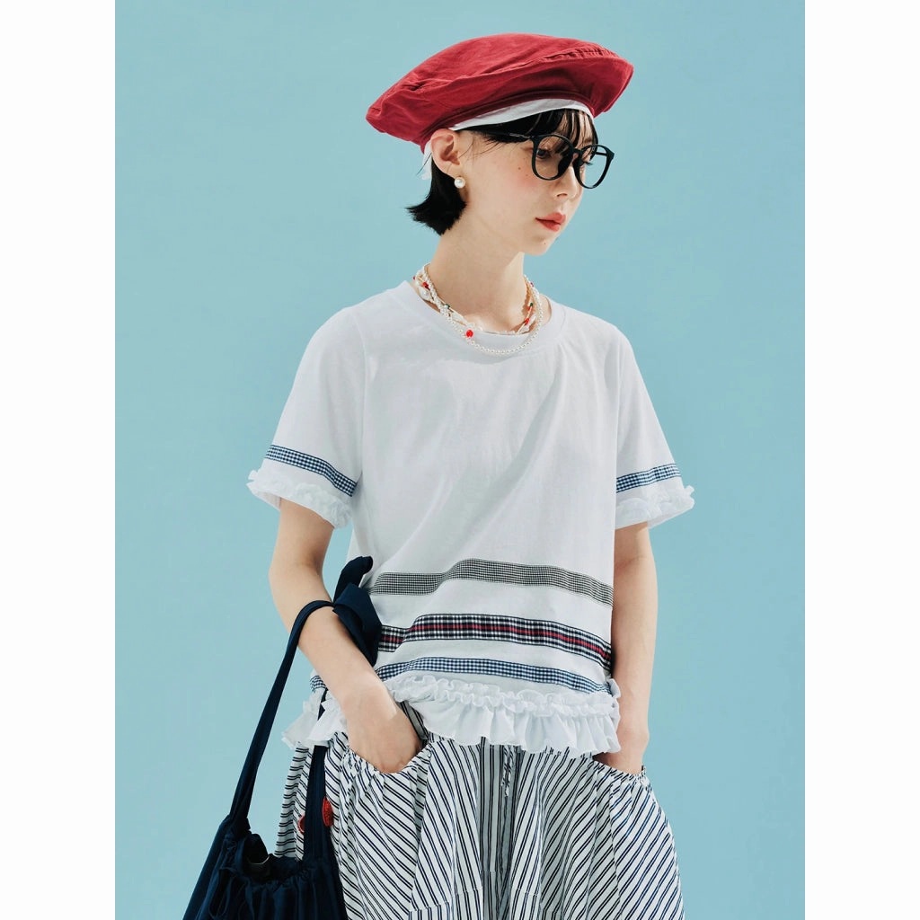 Casual Plaid Lace T-Shirt with Color Block Design Embellished Neckline