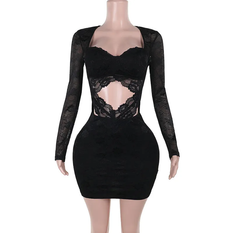 Winter Proof Lace Hollow Out Long Sleeve Narrow Dress Women