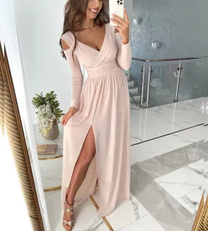 Women's Spring And Summer Long Sleeve V-Neck Solid Color Hem Slit Dress Perfect Proportion