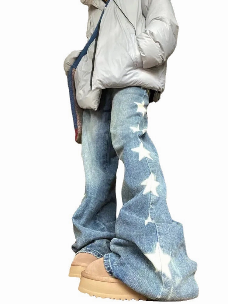 Classic Five Pocket Printed Loose Street Straight Wide Leg Mop Jeans