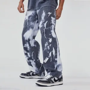 Classic Comfort Soft Feel European and American Trend High Street Washed Tie-Dye Printed Denim Trousers for Men