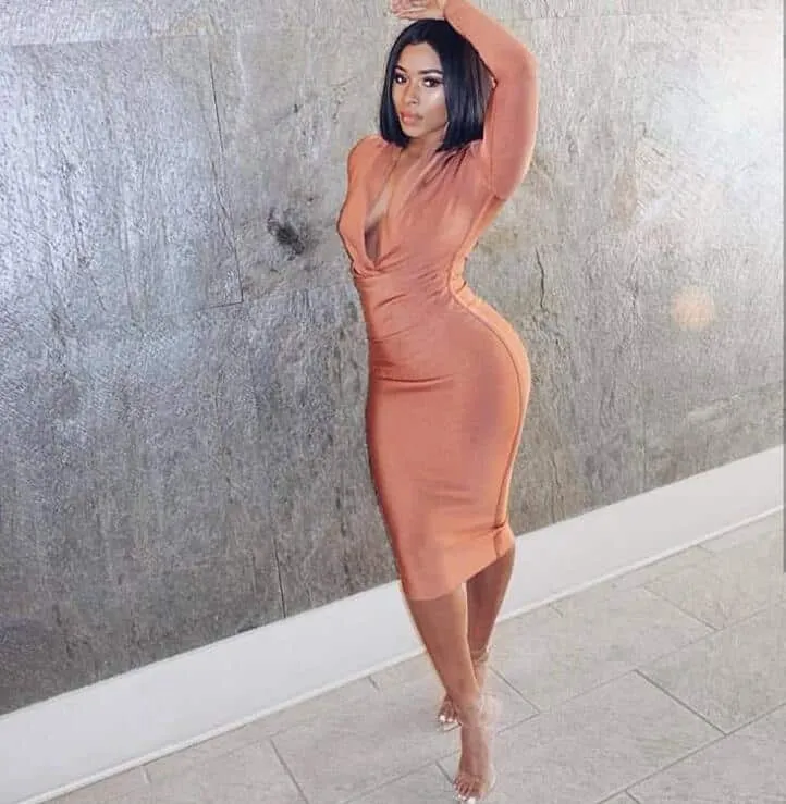 Women's V-Neck Long Sleeved Bodycon Dress Upgrade-Option