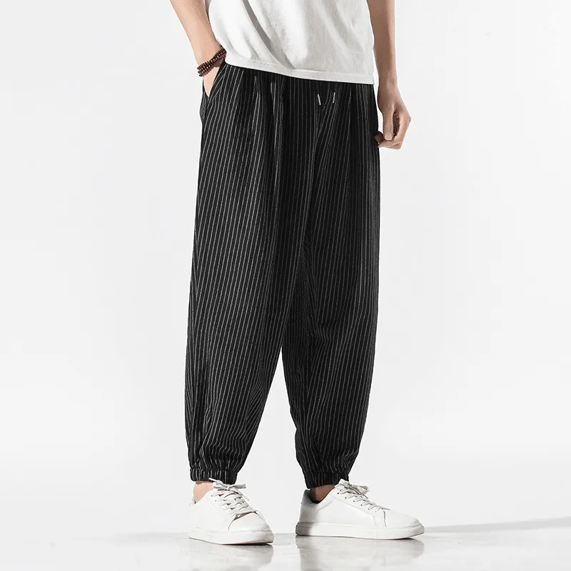 snag resistant Quick Slip Chinese Style Cotton and Linen Casual Pants Men'S Loose Striped Wide-Leg Lamp