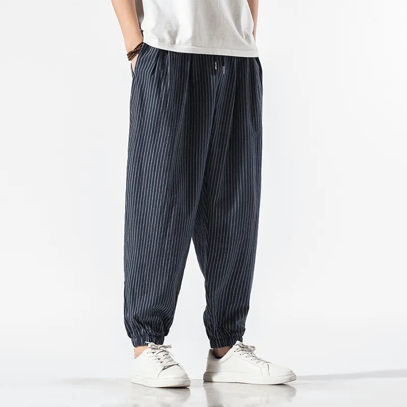 Chinese Style Cotton and Linen Casual Pants Men'S Loose Striped Wide-Leg Lamp StretchFabric
