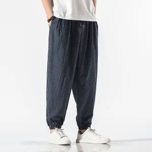 Chinese Style Cotton and Linen Casual Pants Men'S Loose Striped Wide-Leg Lamp Soft Waistband