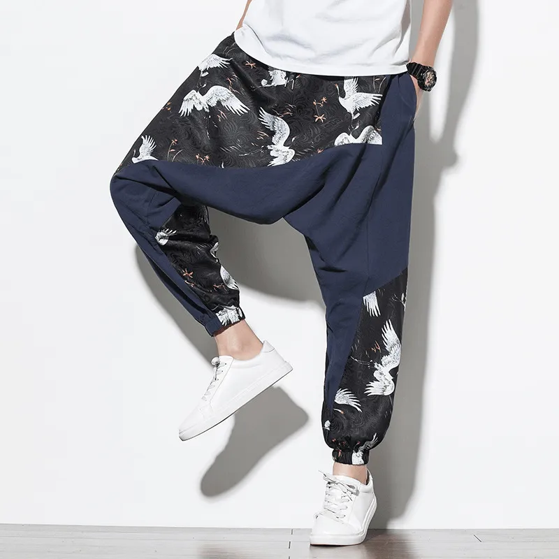 Chinese Style Crane Print Big Crotch Cotton and Linen Casual Pants TailoredSilhouette Travel Friendly
