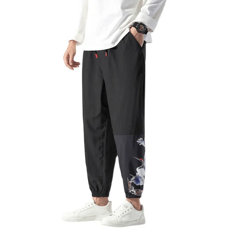 Chinese Style Men'S Printed Casual Cropped Trousers Minimal Edge
