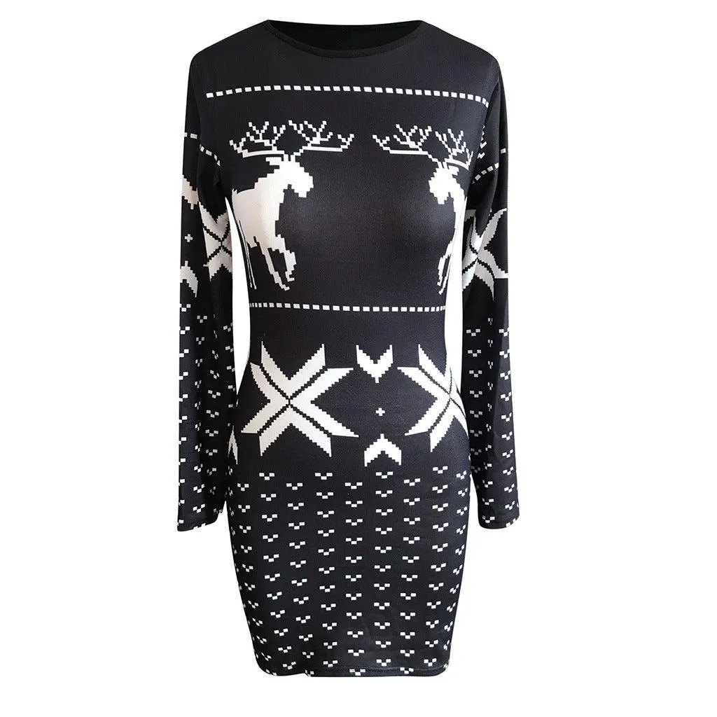 Sleek Comfort Christmas digital printing tight-fitting hip dress, long-sleeved thin T-shirt and skirt