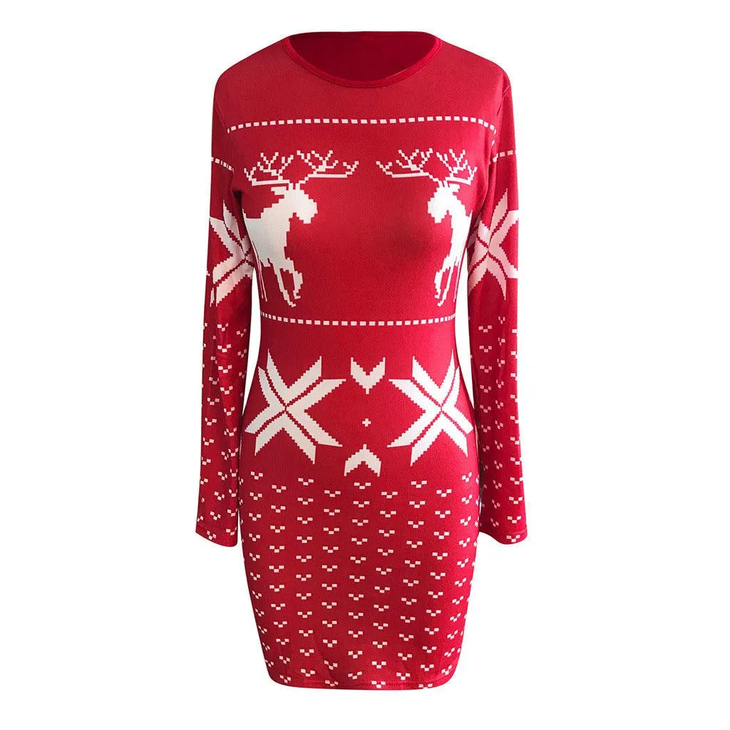Winter Proof Sleek Wear Christmas digital printing tight-fitting hip dress, long-sleeved thin T-shirt and skirt