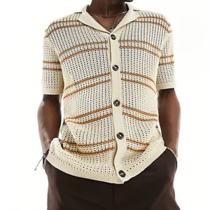 Stretchable Blend Men's Knitwear Lapel Short Sleeve Hollow Thin Cardigan