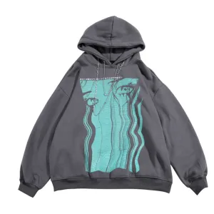Retro Teary Geometric Print Hip Hop plus Fleece Hooded Sweatshirt Comfortable For Walking