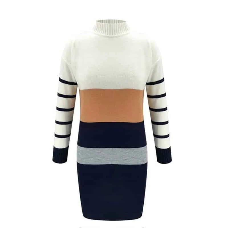 Organic-Fabric Light Weave Women's Turtleneck Sweater Dress in Stripes