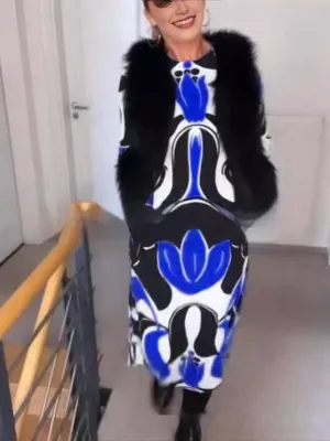 Loose Round Neck Midi Fashionable Printed Long Sleeve Dress Evening Motion