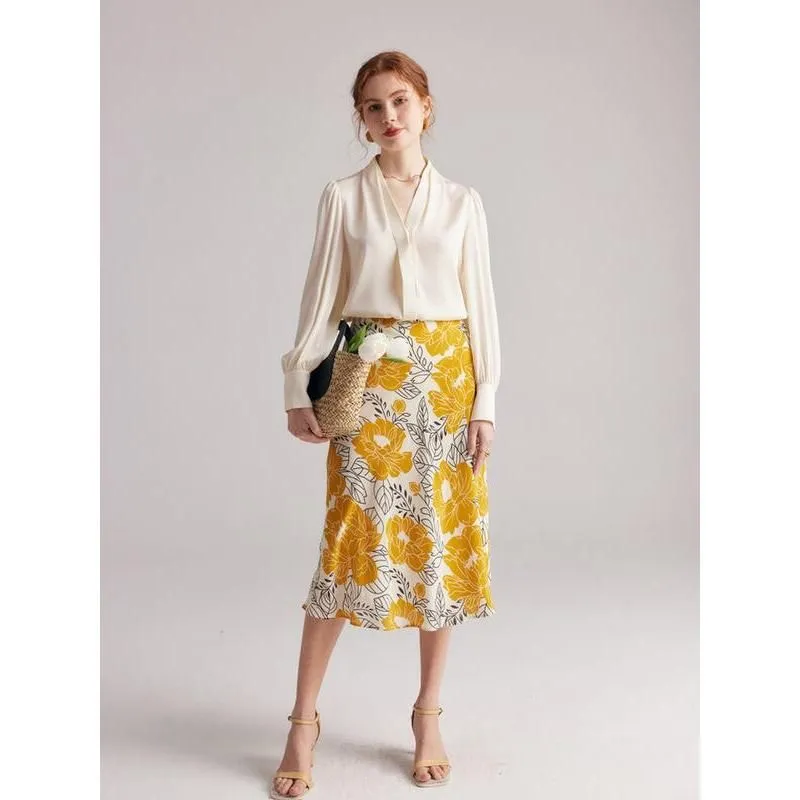 100% Real Silk Floral A-Line Skirt Sophisticated Fit