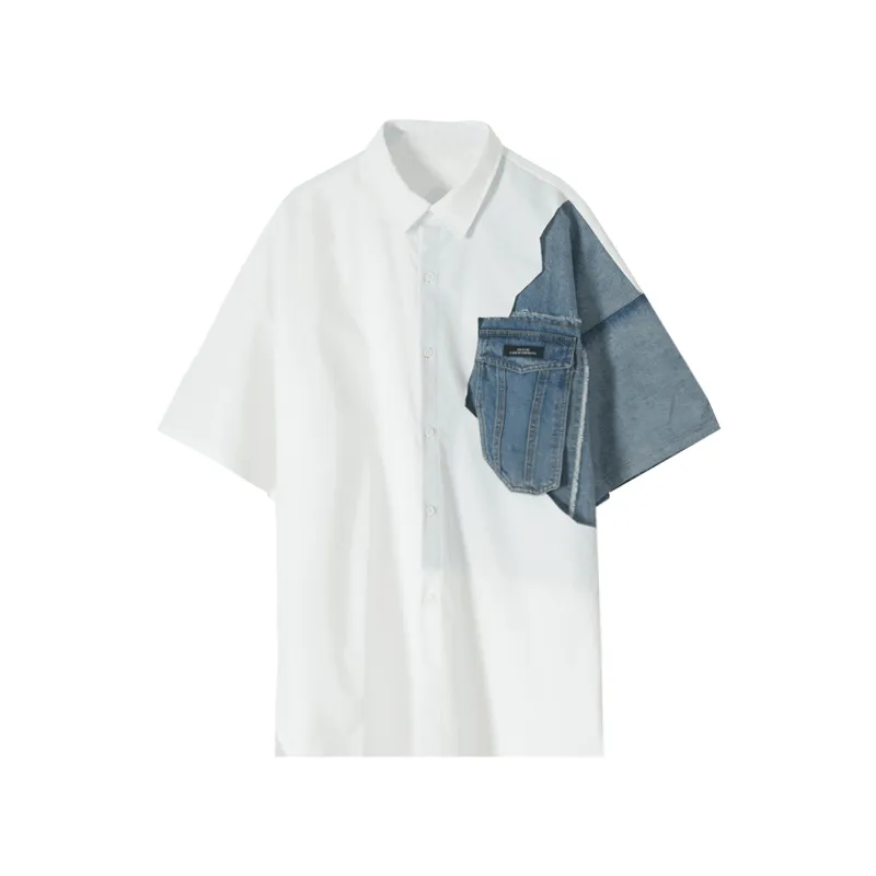 White Denim Shirt with Square Neck and Short Sleeves Casual Core Relaxed