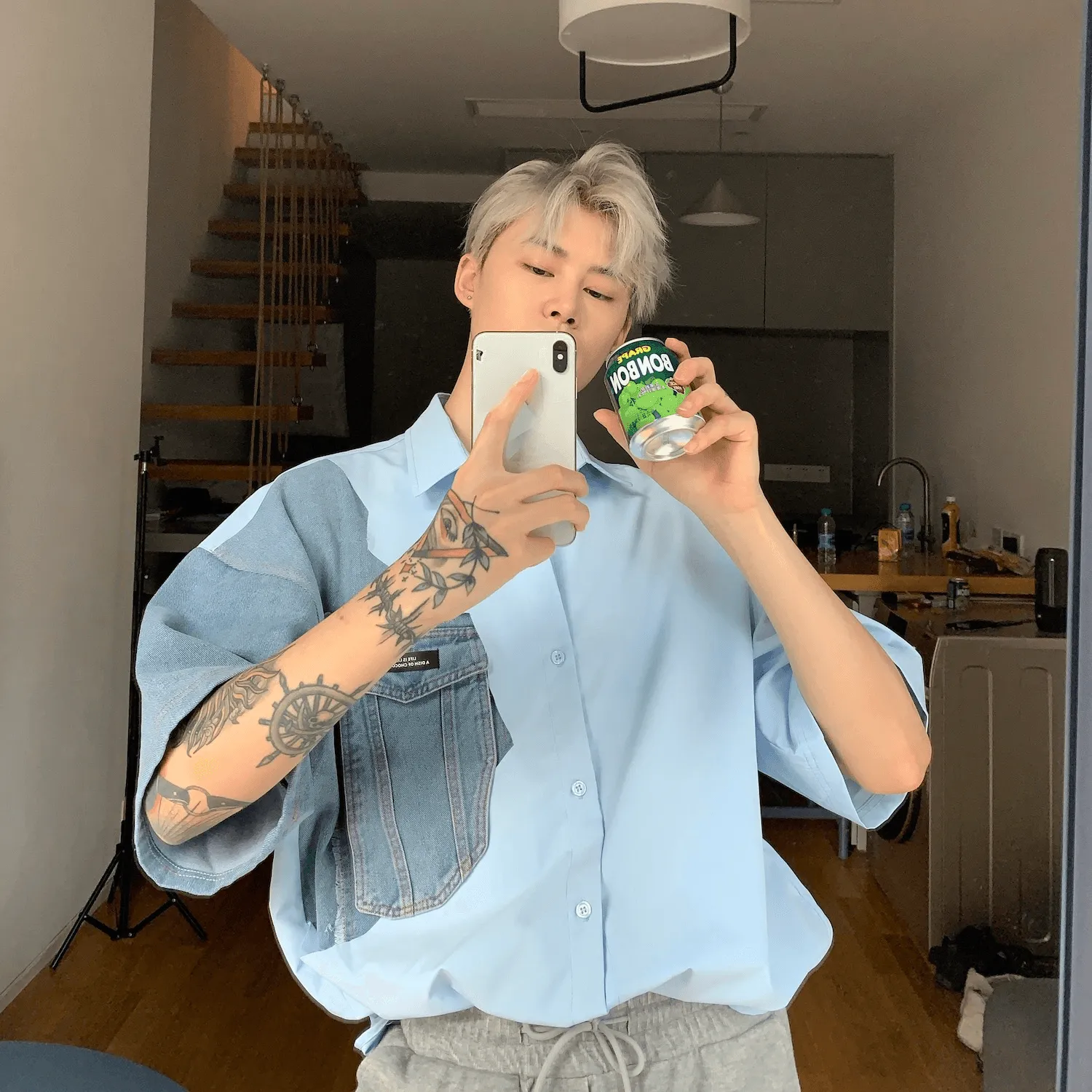 White Denim Shirt with Square Neck and Short Sleeves rainy day wear Timeless Fashion