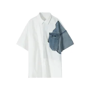 White Denim Shirt with Square Neck and Short Sleeves Casual Core Relaxed