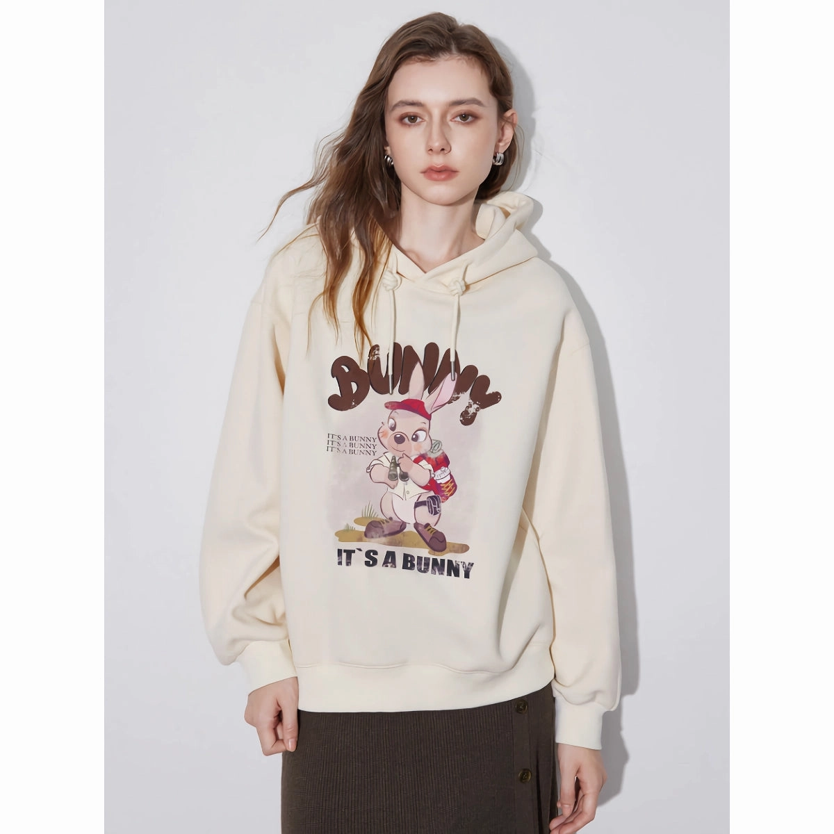 Stretch Material Women??s Rabbit Print Hooded Pullover - Casual Sweatshirt