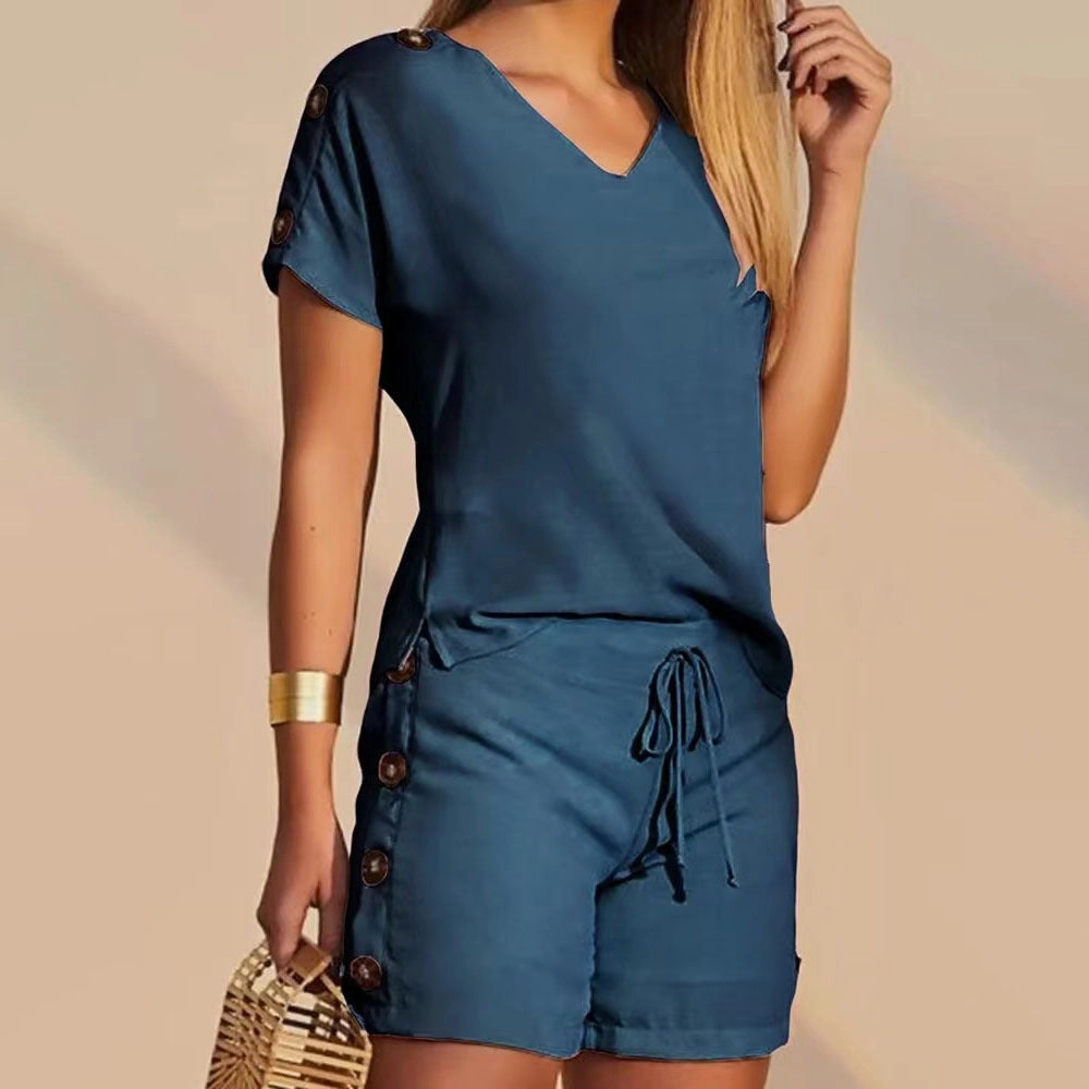 Luxury Music Comfortable Decorative Buttons Short-sleeved Shorts Suit