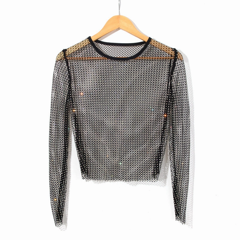 Wardrobe Staple Smooth Zipper Design Women's Fashion Simple Solid Color Mesh Rhinestone Long Sleeve Top