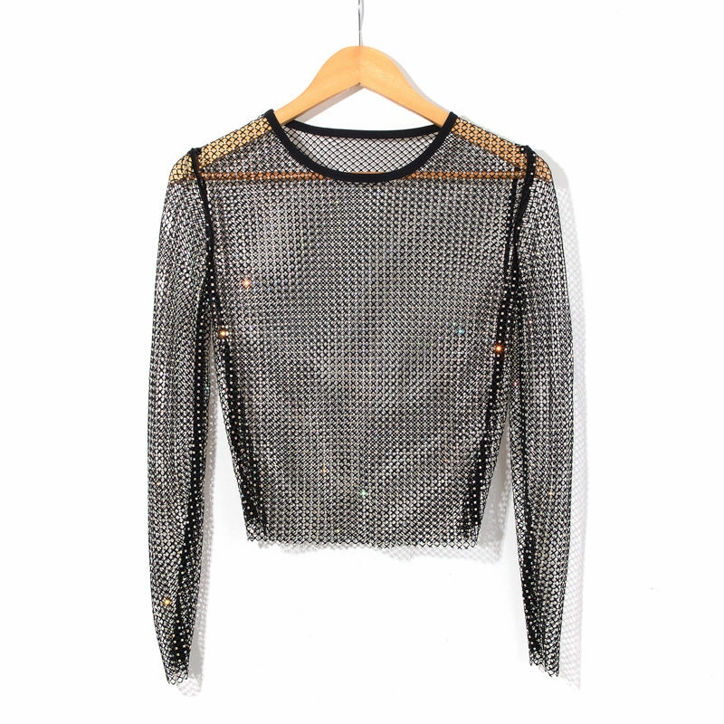 Breathable Underarm Vents Women's Fashion Simple Solid Color Mesh Rhinestone Long Sleeve Top