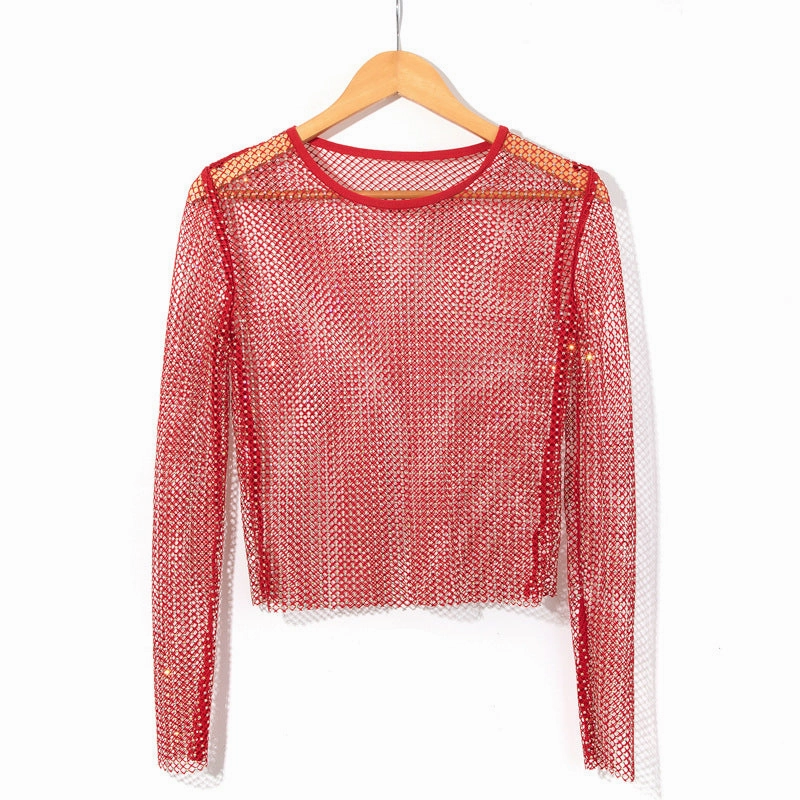 Embellished Neckline Cultural Inspired Women's Fashion Simple Solid Color Mesh Rhinestone Long Sleeve Top