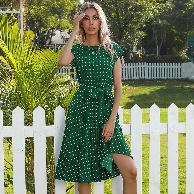 Mid Length Polka Dot Round Neck Short Sleeve Lace Up Dress For Women Repair-Friendly