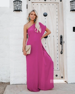 All Fit Zip Ease Explosive Slanted Shoulder Ruffled Solid Color Dress