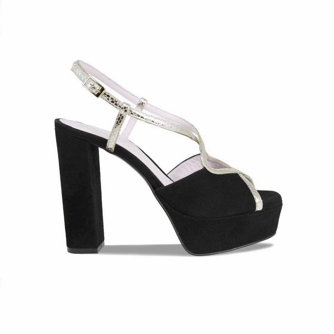 Reese: Black Suede & Gold Snake Print Leather Ergonomic foot shape