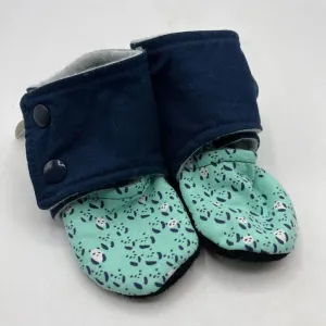 Size 9-12m: Beaneroobaby Blue Panda Print Soft Leather Sole Booties-NEW Multi Density Outsole