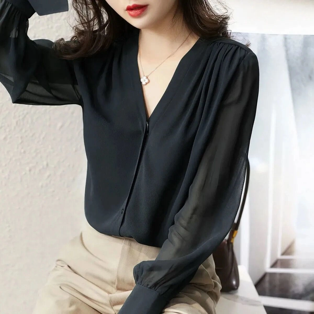 Vintage Simple Slim V-neck Long Sleeve Temperament Shirt Lightweight Wear Mesh Insert