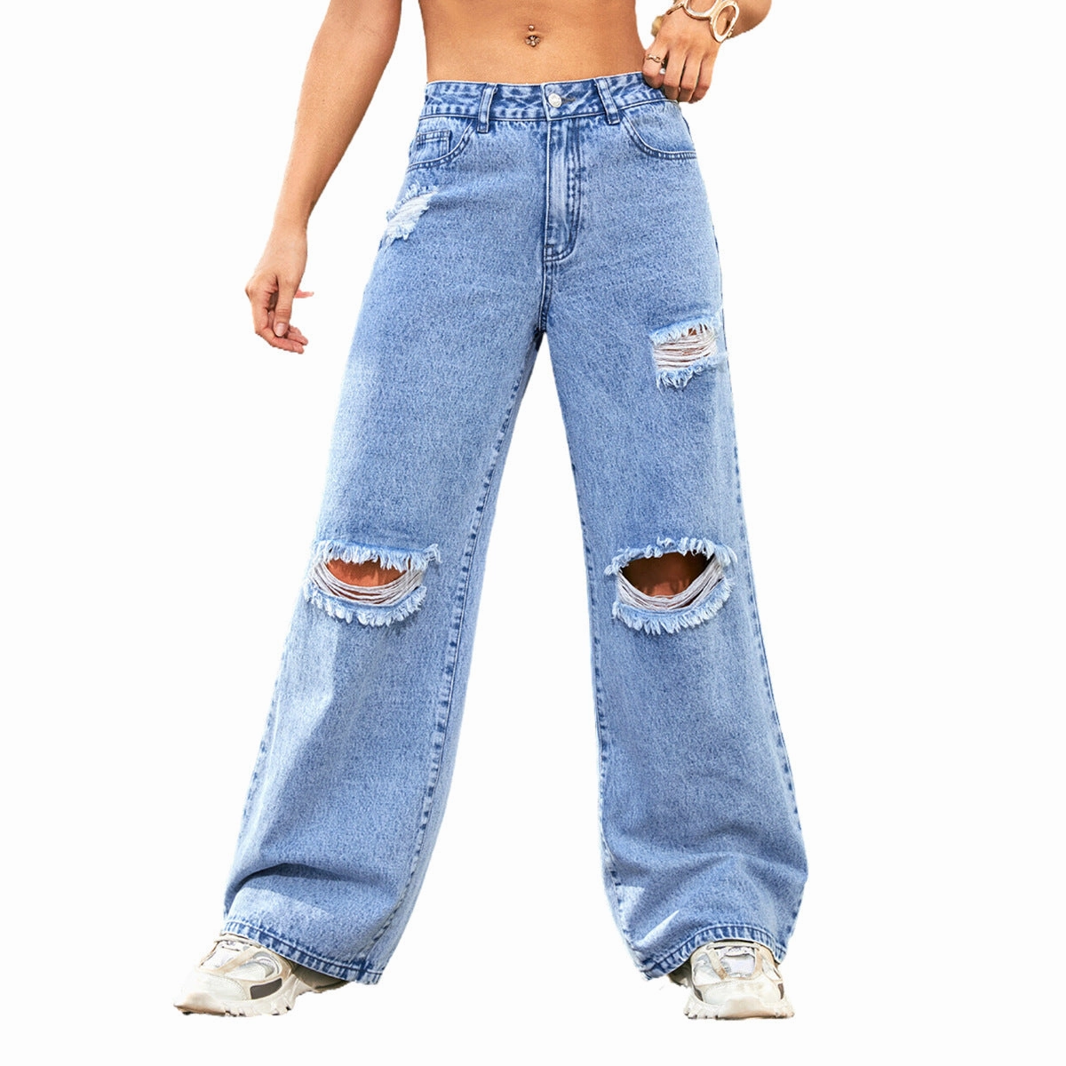 Women's High Waist Ripped Water Wash Denim Straight Pants High-waisted