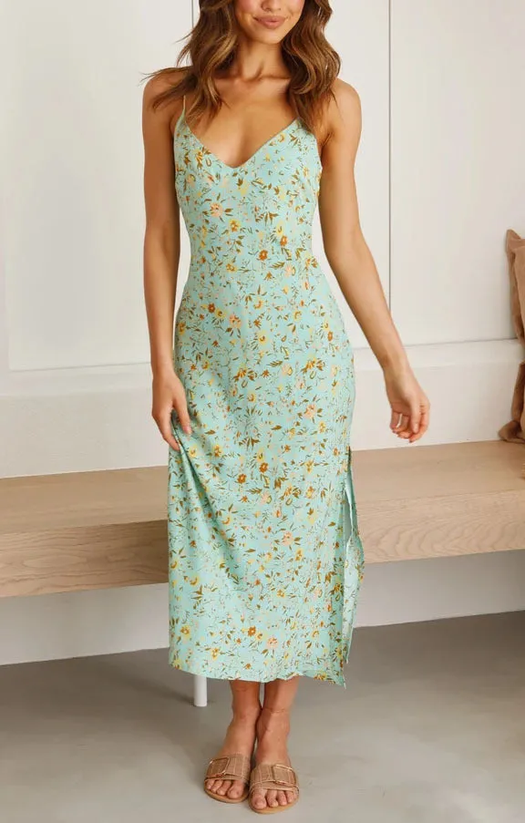 Everyday-Use Summer Floral Sweet Style Sleeveless Split Dress