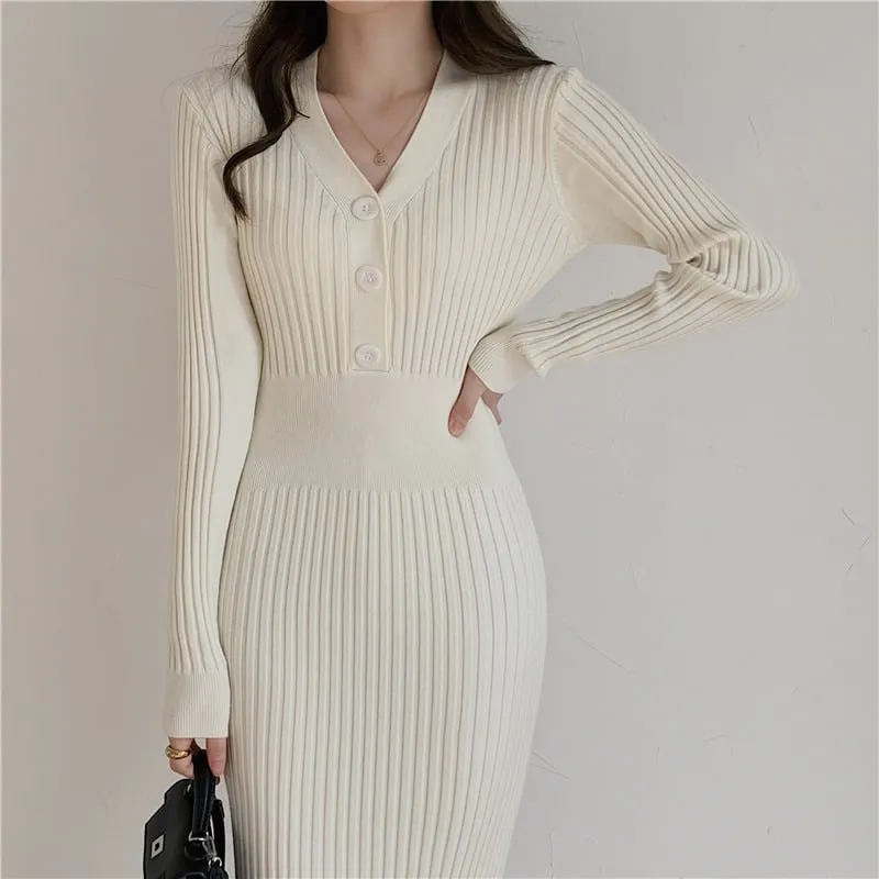 High Neck Office Fit Knitted Long Sleeved Elegant Dress