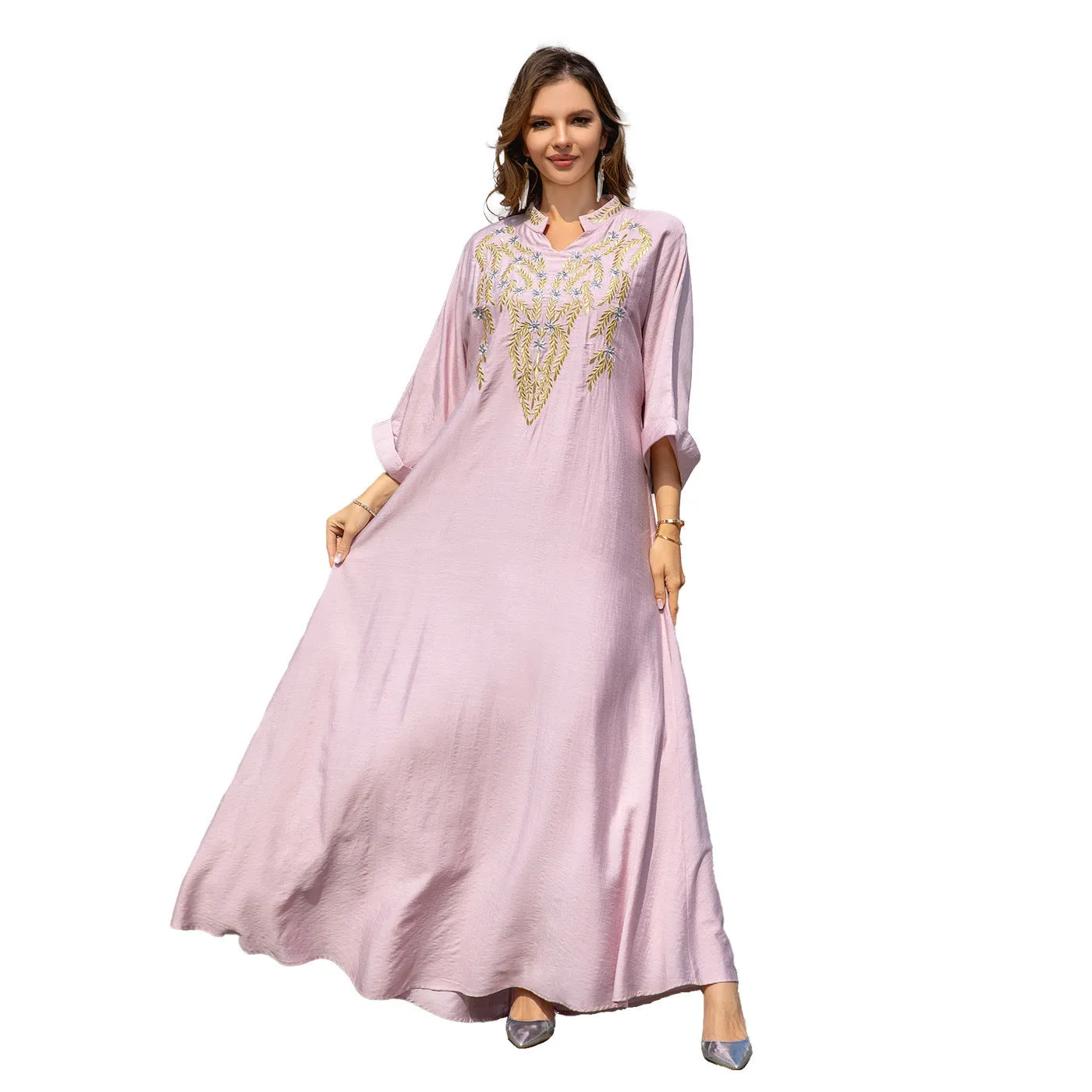Versatile Layers Lower Hem Muslim Women Embroidered Robe Dress