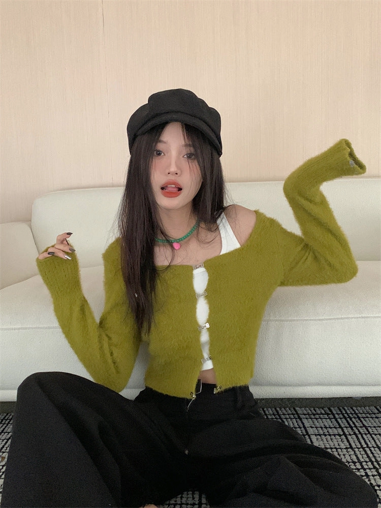 Casual Performance Wear Cable Stitch Coffee Colored Imitation Mink Velvet Knitted Cardigan For Women