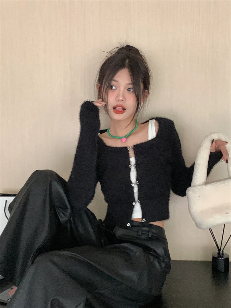 Coffee Colored Imitation Mink Velvet Knitted Cardigan For Women Comfy Style