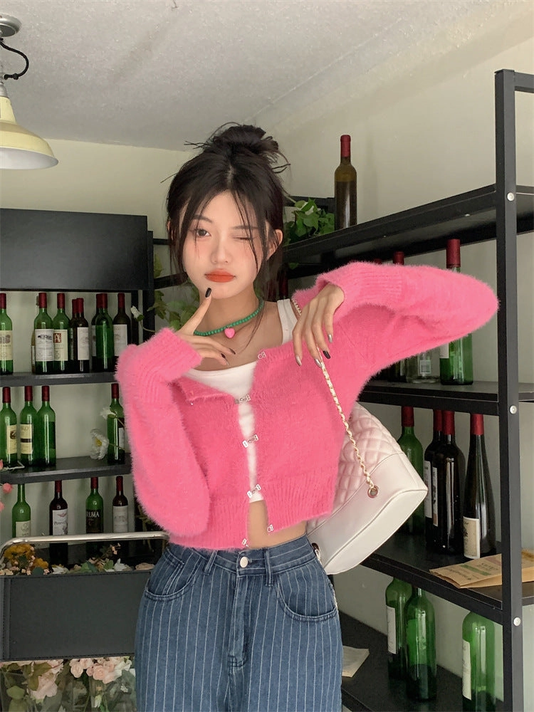 Warm Hug Breathable Comfort Wear Coffee Colored Imitation Mink Velvet Knitted Cardigan For Women