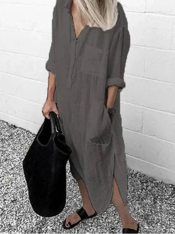 Elegant Solid Color Slit Dress Long Shirt Dress Bishop-Sleeve Flexible Fabric