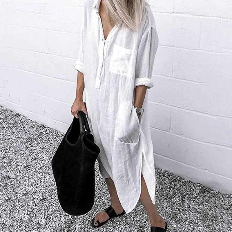 Beach Moment Soft Layering Elegant Solid Color Slit Dress Long Shirt Dress
