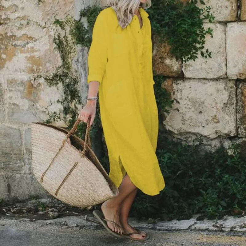 Pretty Glow Elegant Solid Color Slit Dress Long Shirt Dress