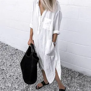 Beach Moment Soft Layering Elegant Solid Color Slit Dress Long Shirt Dress