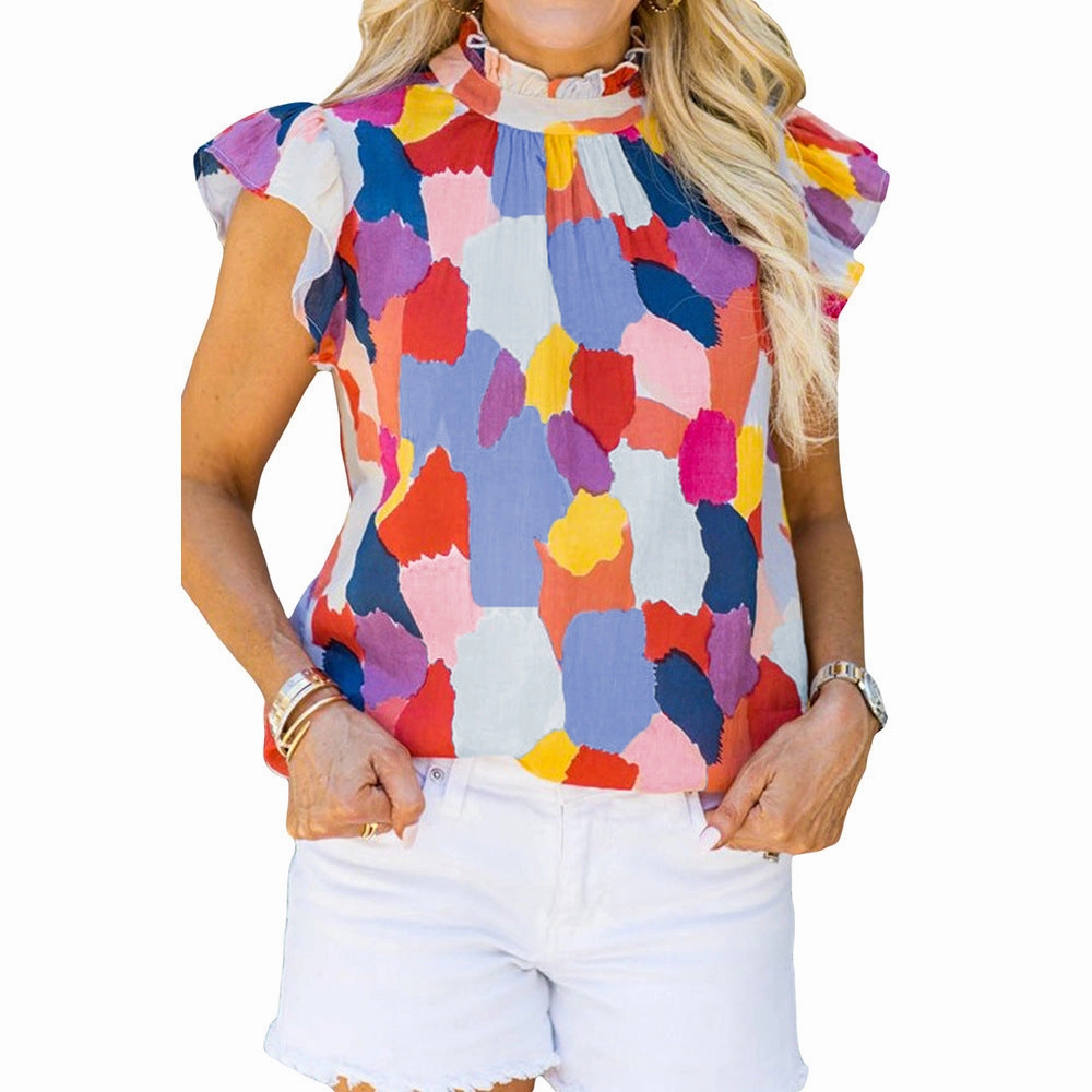 Versatile Clothing Color Block Contrast Color Short Sleeve T-shirt Female Outerwear Top