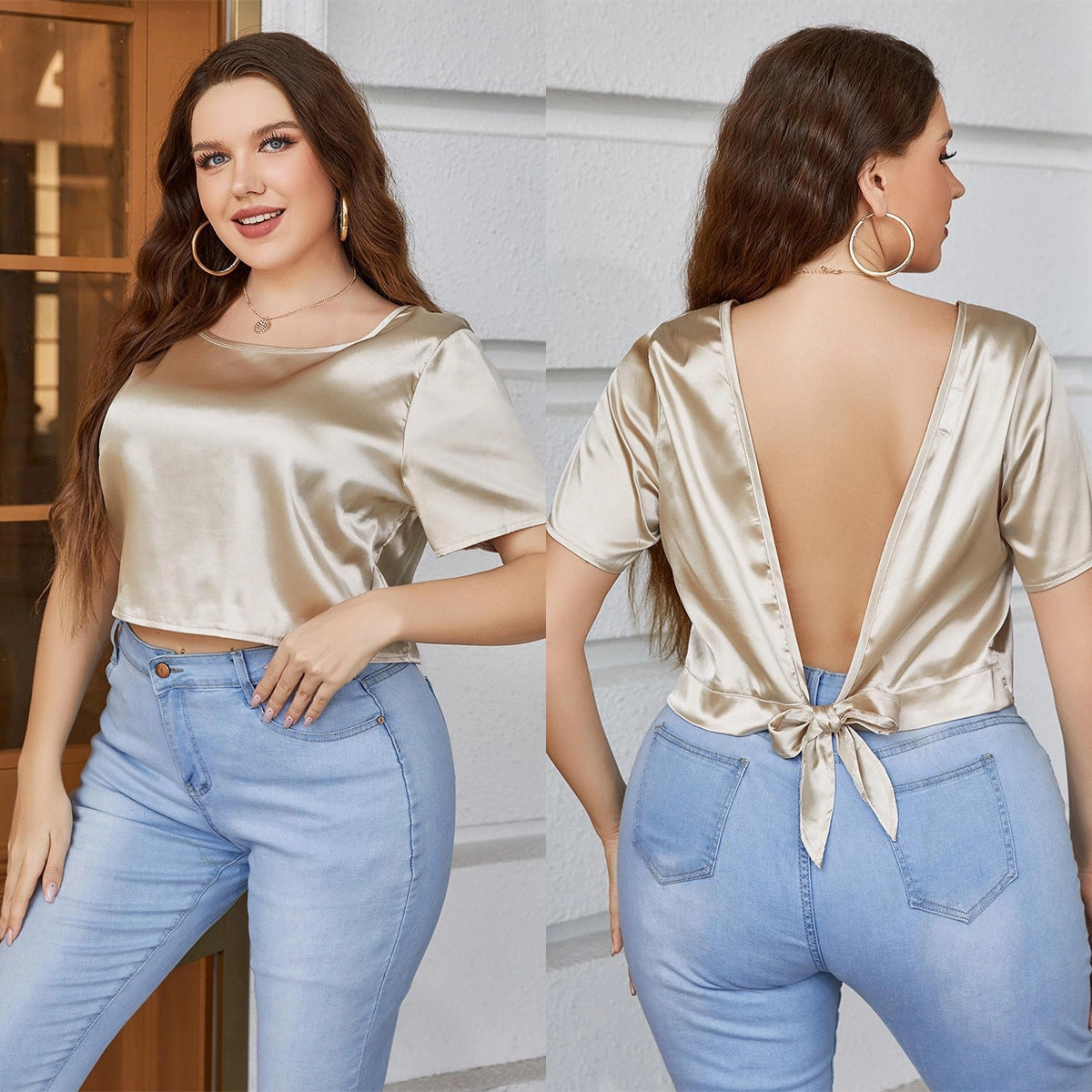 Versatile Design Women's Summer Short-sleeved Solid Color Backless Top T-shirt